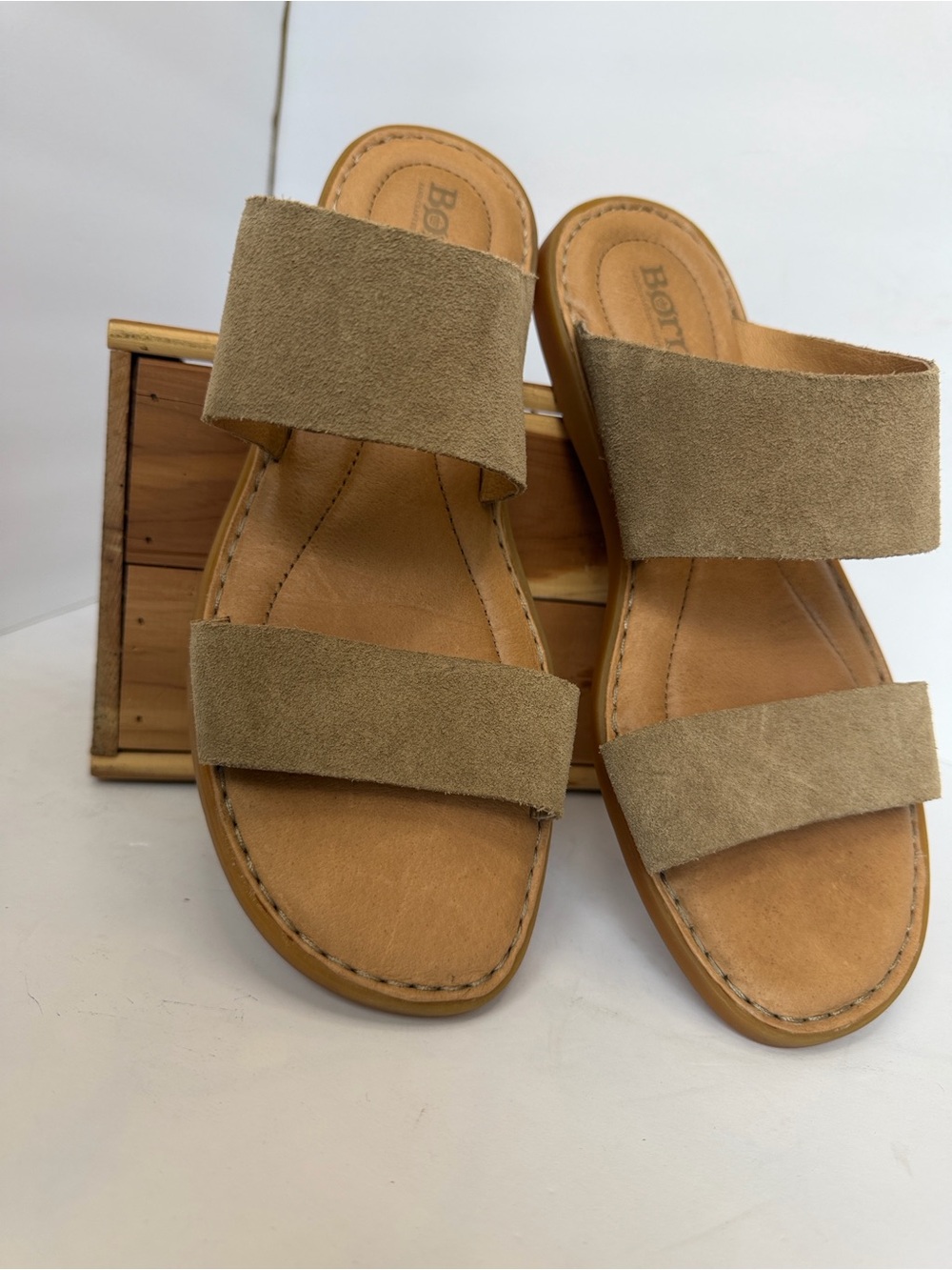 Born Two-Strap Suede Slide Sandals in Taupe